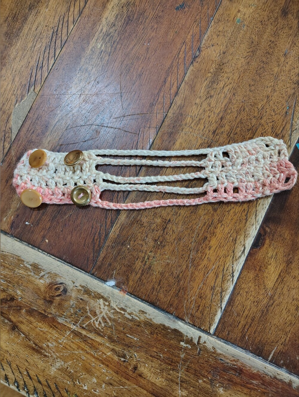 Handmade Crocheted Cotton Bracelet Cuff in Cream And Peach